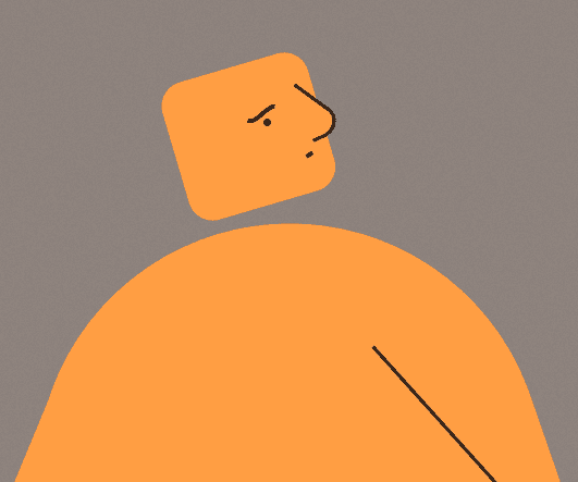 Illustration minimaliste d'une personne au visage orange et carré et au corps orange large et arrondi, sur un fond gris uni. L'expression du visage semble neutre ou réfléchie.